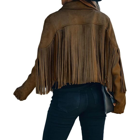 Women's Dark Brown Trendy Fall Western Fringe Cropped Faux Suede Leather Jackets - Picture 3 of 5